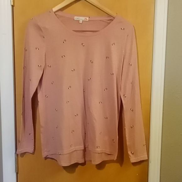 C&C California Tops - C&C California Pink Floral Rose Print Long Sleeve Tee Shirt